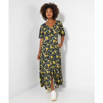 Dunkles herbstliches Maxikleid mit weiten Ärmeln und Knopfleiste