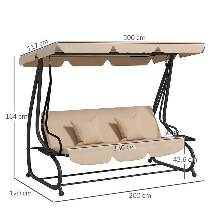 Northio Balançoire Hollywood 2 en 1 avec fonction inclinable, balançoire de jardin 3 places avec auvent, coussin porte-gobelet, banc balançoire charge jusqu'à 340 kg, chaise longue de jardin pour jardin, terrasse, 200x120x164 cm, marron  