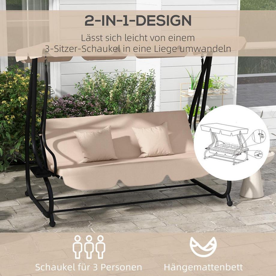 Northio Balançoire Hollywood 2 en 1 avec fonction inclinable, balançoire de jardin 3 places avec auvent, coussin porte-gobelet, banc balançoire charge jusqu'à 340 kg, chaise longue de jardin pour jardin, terrasse, 200x120x164 cm, marron  