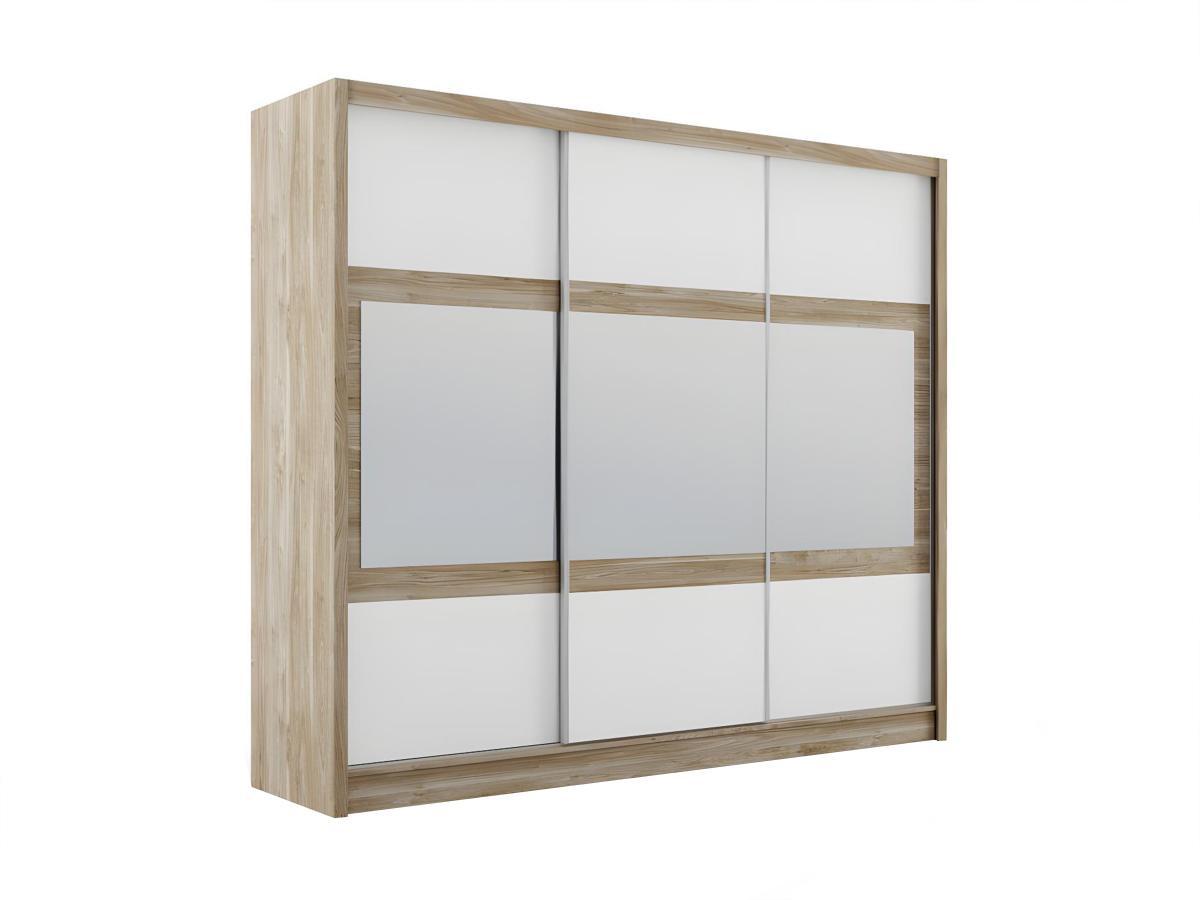 Vente-unique  Armoire 3 portes coulissantes - Avec miroir - L250 cm - Coloris : Naturel et blanc - LEOVIA 