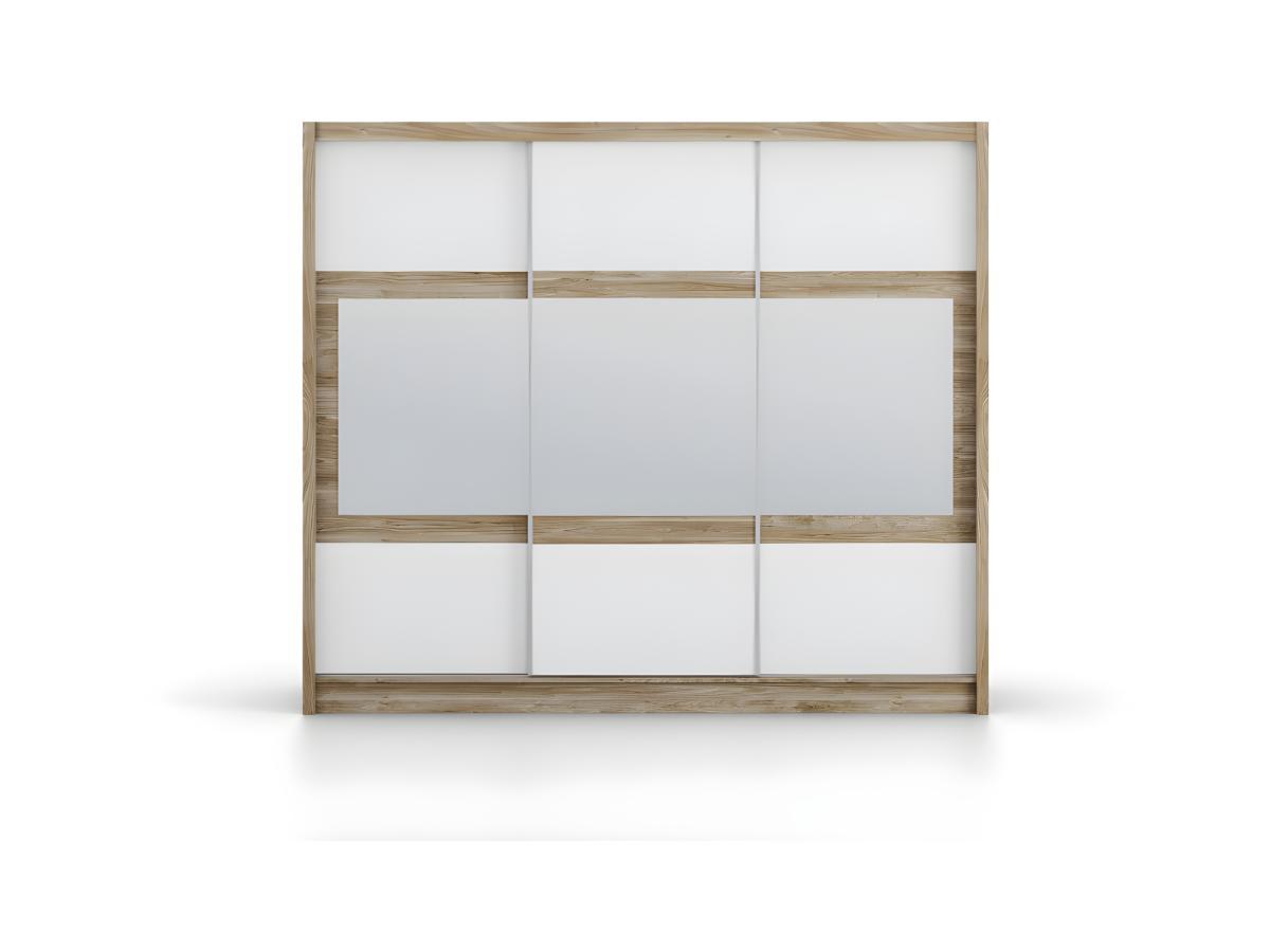 Vente-unique  Armoire 3 portes coulissantes - Avec miroir - L250 cm - Coloris : Naturel et blanc - LEOVIA 