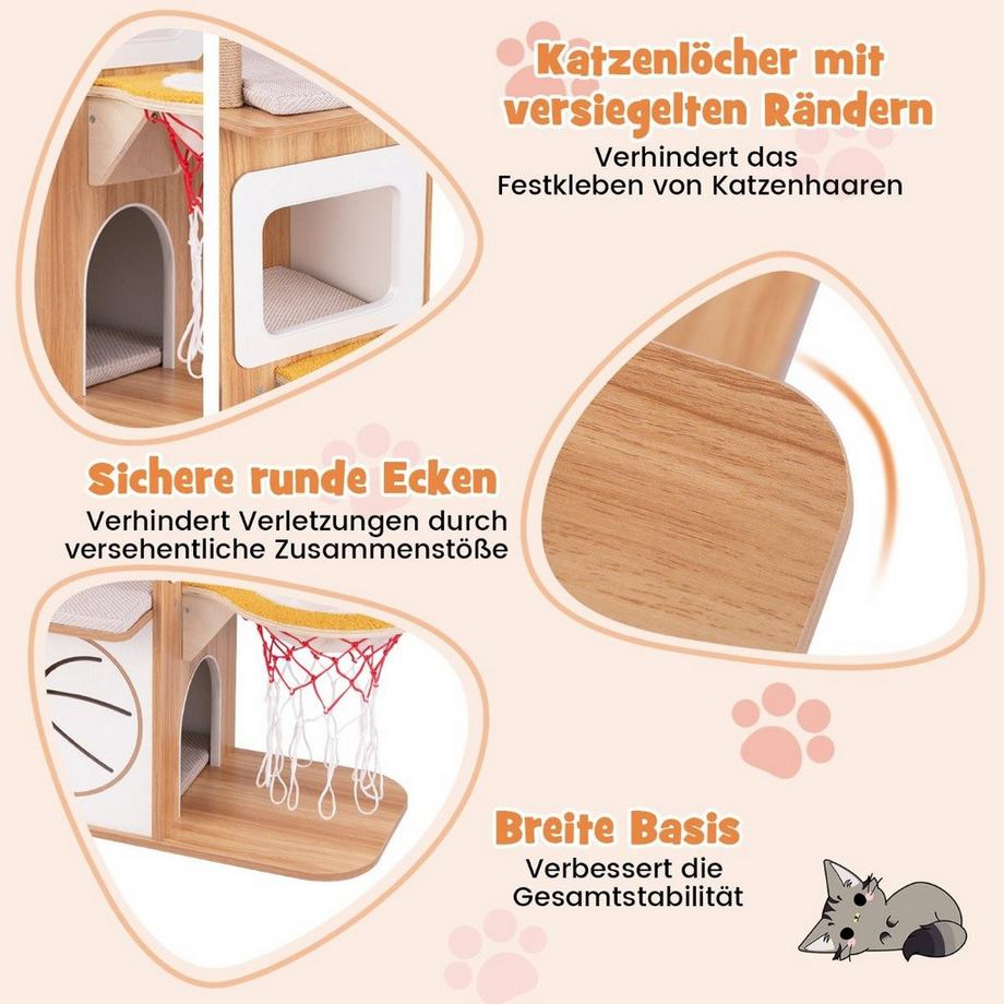 Northio  Kratzbaum aus Holz 120 cm großer Kletterturm mit Sportthema mit 2-stöckigem Katzenhaus Natur 