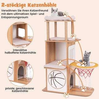 Northio  Poteau à gratter en bois 120 cm, tour d'escalade à thème sportif avec maison pour chat à 2 niveaux, naturel 