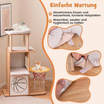Tiragraffi in legno 120 cm Torre da arrampicata a tema sportivo con cuccia per gatti a 2 livelli Naturale