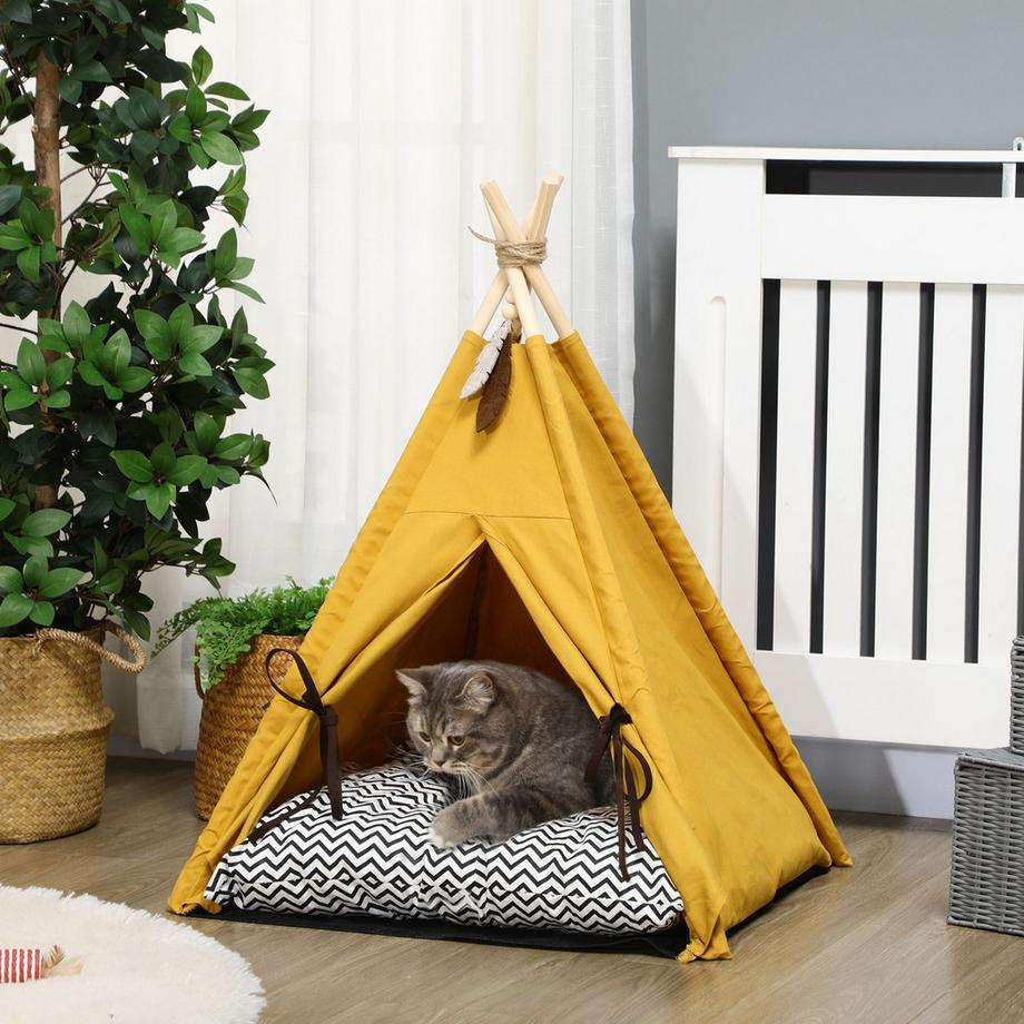 Northio  Maison Pour Chat Tipi Tente Lit Pour Chien Avec Coussin Antidérapant Avec Balle De Jeu En Bois De Pin Intérieur En Jaune 