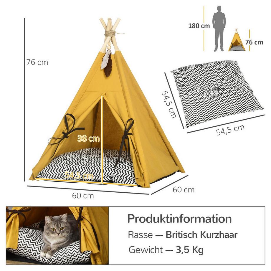 Northio  Maison Pour Chat Tipi Tente Lit Pour Chien Avec Coussin Antidérapant Avec Balle De Jeu En Bois De Pin Intérieur En Jaune 