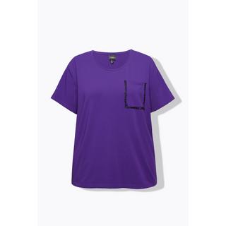 Ulla Popken  T-shirt oversize à col rond et manches courtes, perles et poche poitrine 