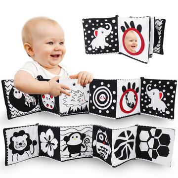 Livre contrasté pour bébé, livre en tissu double face pour bébé, livre d'images souple en tissu, jouet d'apprentissage perceptif sonore avec miroir