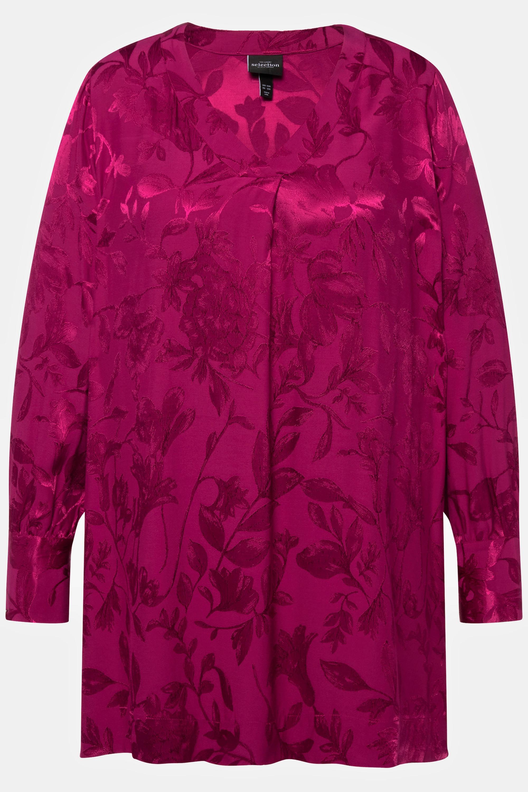 Ulla Popken  Bluse, florales Jacquardmuster, V-Ausschnitt, Langarm 