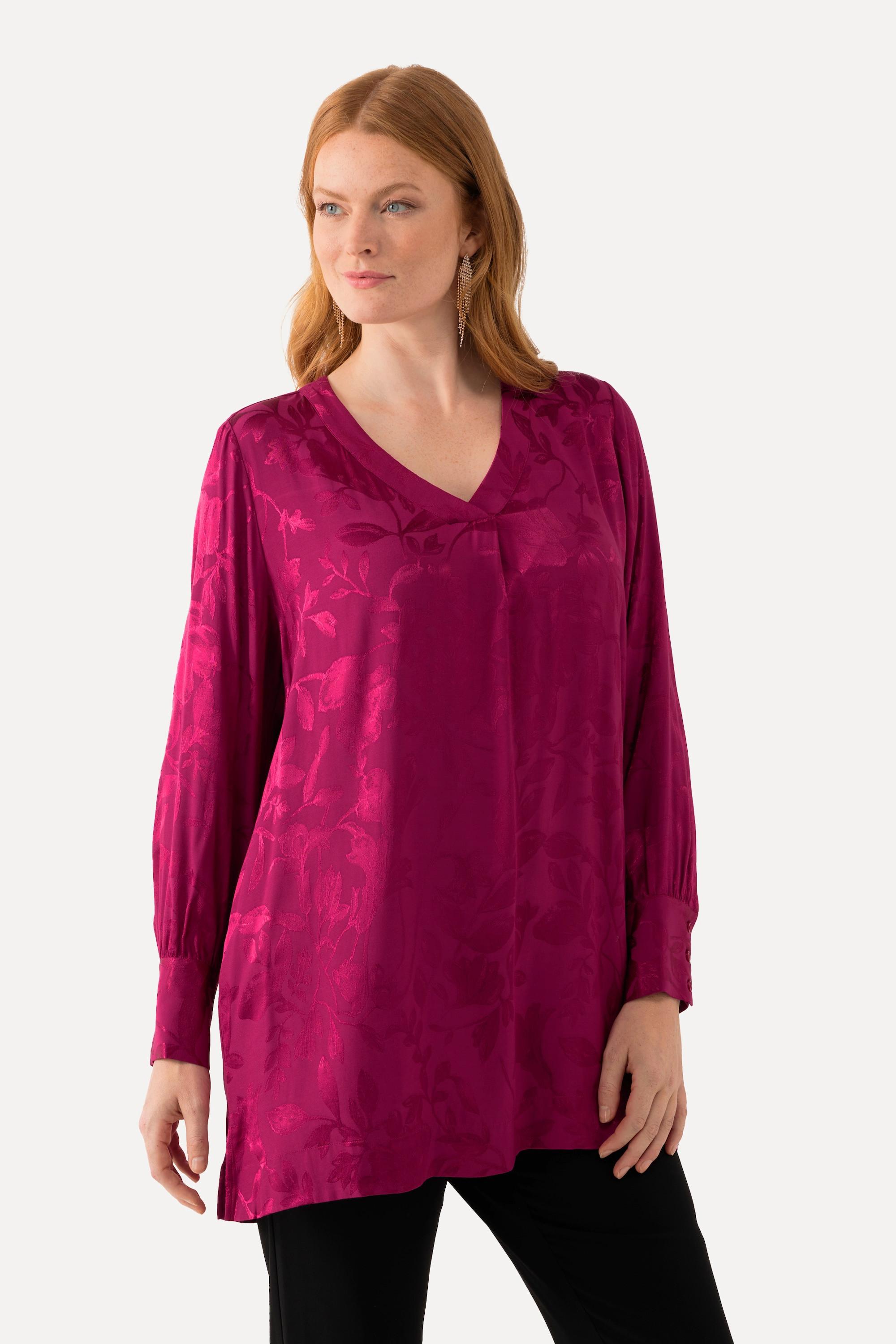 Ulla Popken  Bluse, florales Jacquardmuster, V-Ausschnitt, Langarm 