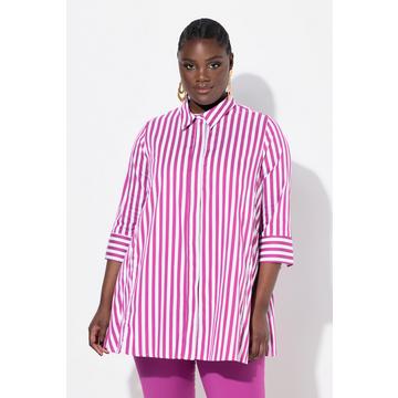 Blusa a righe con godet, collo da camicia e maniche a 3/4
