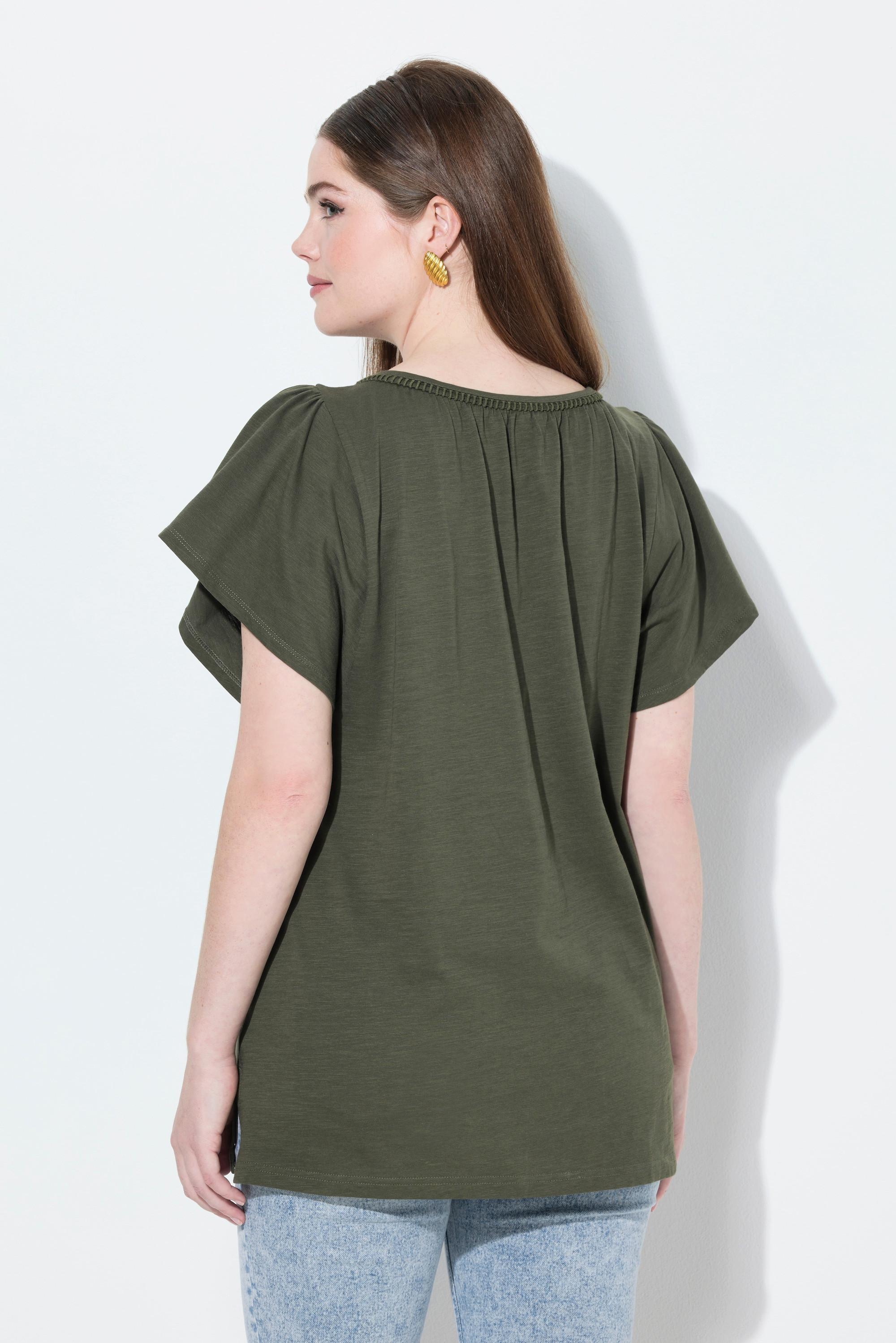 Ulla Popken T-shirt Passamaneria Decorativa Scollo a Tunica Mezze Maniche ad Aletta  