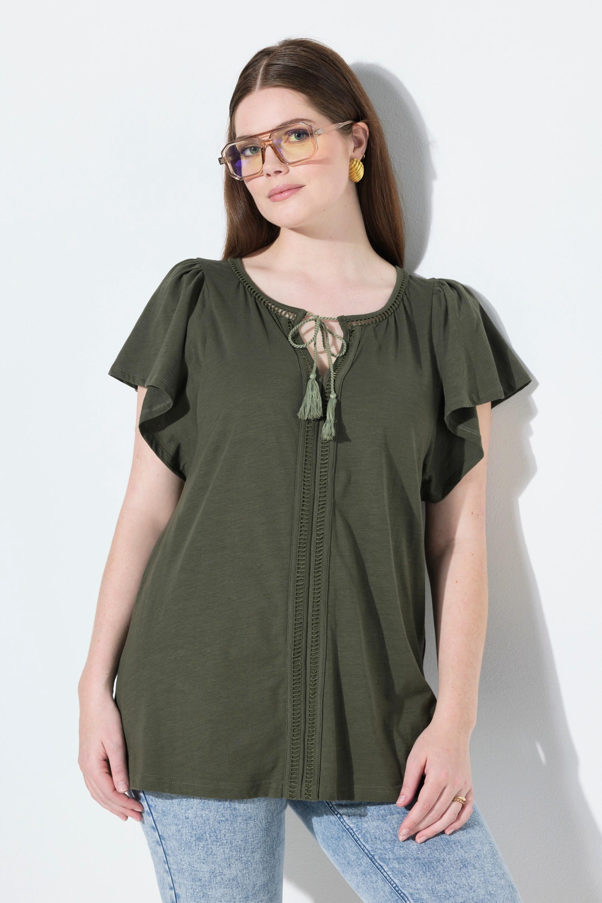 Ulla Popken T-shirt Passamaneria Decorativa Scollo a Tunica Mezze Maniche ad Aletta  