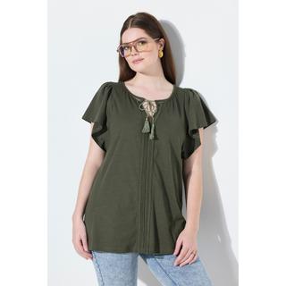 Ulla Popken T-shirt Passamaneria Decorativa Scollo a Tunica Mezze Maniche ad Aletta  