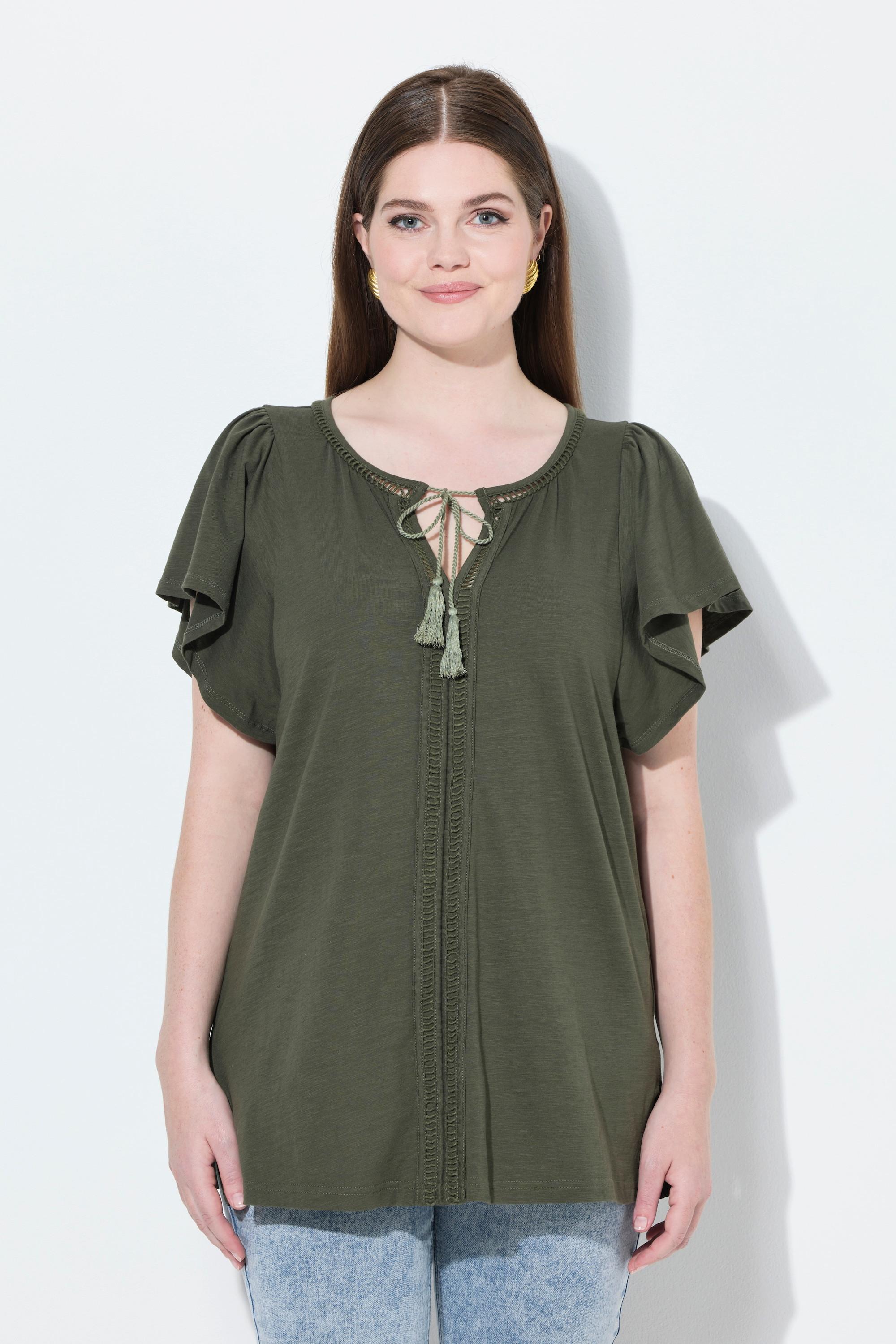 Ulla Popken T-shirt Passamaneria Decorativa Scollo a Tunica Mezze Maniche ad Aletta  