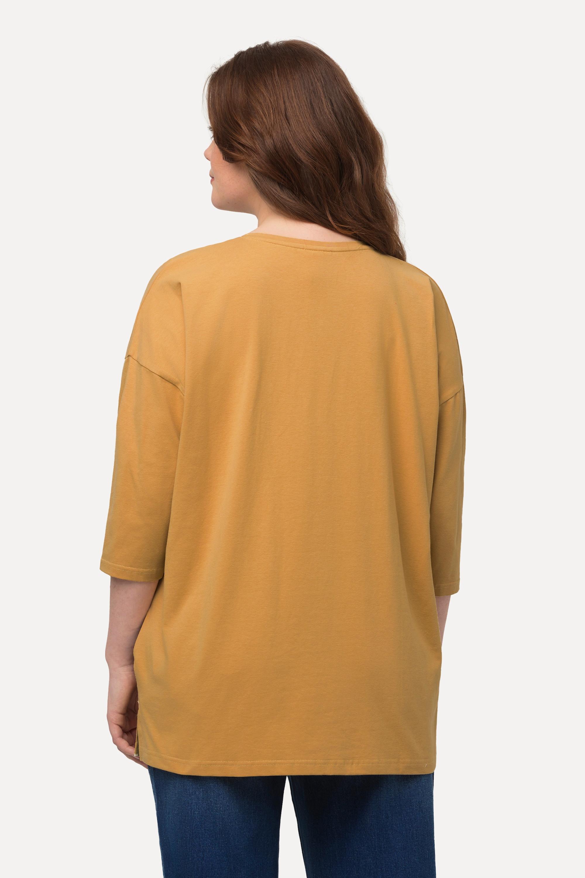 Ulla Popken  Maglia dal taglio oversize in cotone biologico con righe, scollo a girocollo e maniche a 3/4 