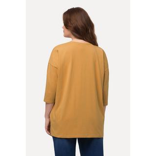 Ulla Popken  T-shirt oversize à col rond et manches 3/4, coton bio, rayures 