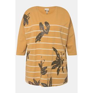 Ulla Popken  T-shirt oversize à col rond et manches 3/4, coton bio, rayures 