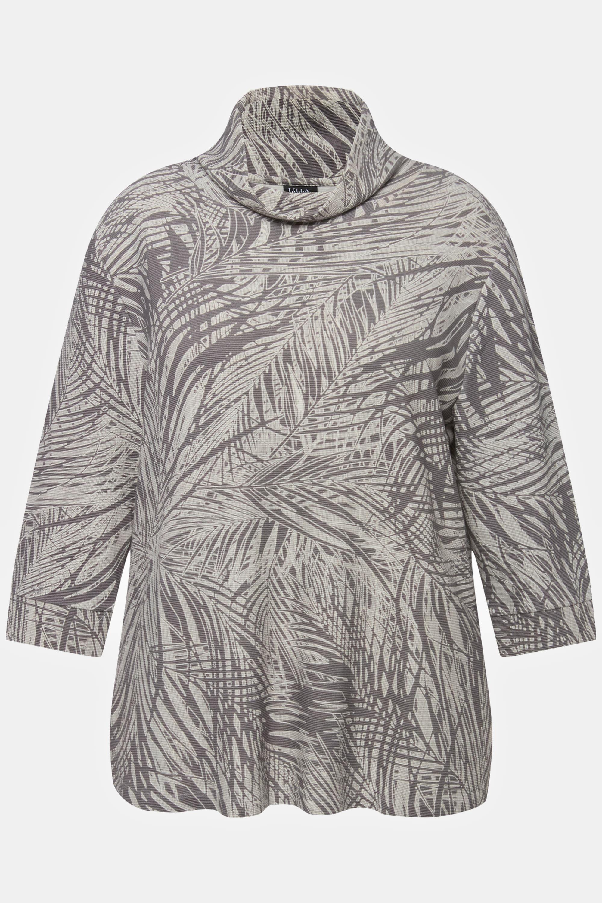 Ulla Popken  Sweat-shirt imprimé plumes. Coupe Boxy Fit. Manches 3/4 et col montant. 