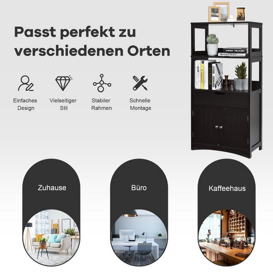 B2X Freistehender Badezimmerschrank mit 2 Türen & 3 offenen Regalen & Schublade Hochschrank Schwarz  