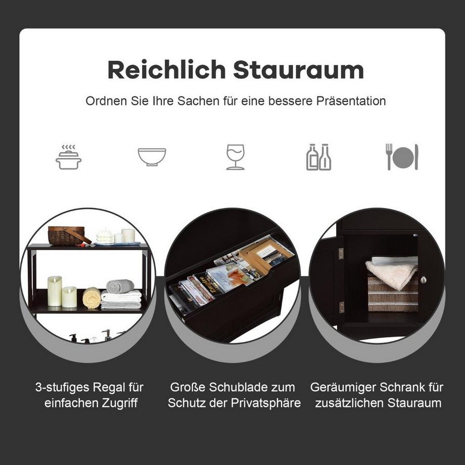 B2X Freistehender Badezimmerschrank mit 2 Türen & 3 offenen Regalen & Schublade Hochschrank Schwarz  