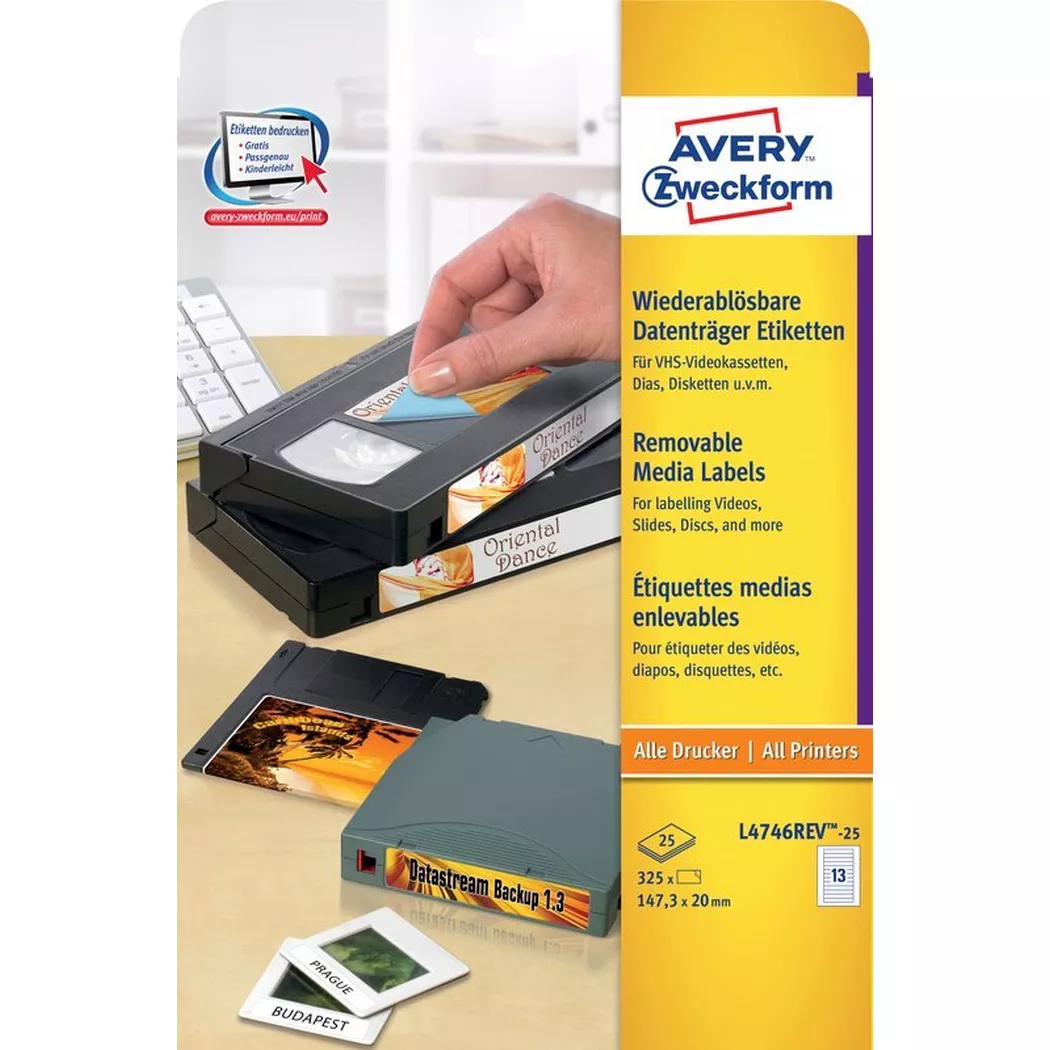Avery-Zweckform – AVERY ZWECKFORM Video-Etiketten 147,3x20mm, 325 Stk./25Bl., One Size, Weiss