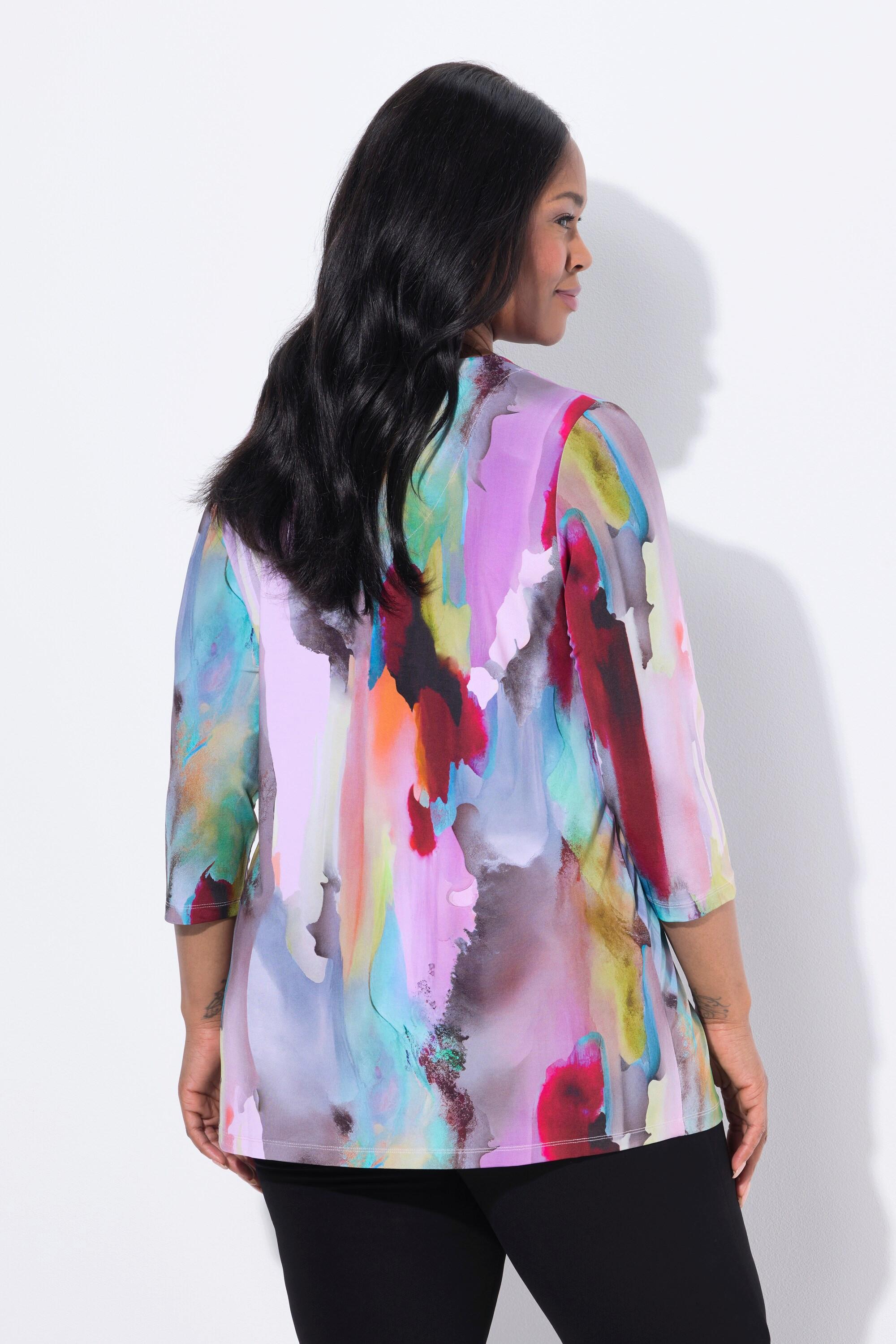 Ulla Popken Maglia tessuto fluente design acquerellato scollo a V maniche 3/4  