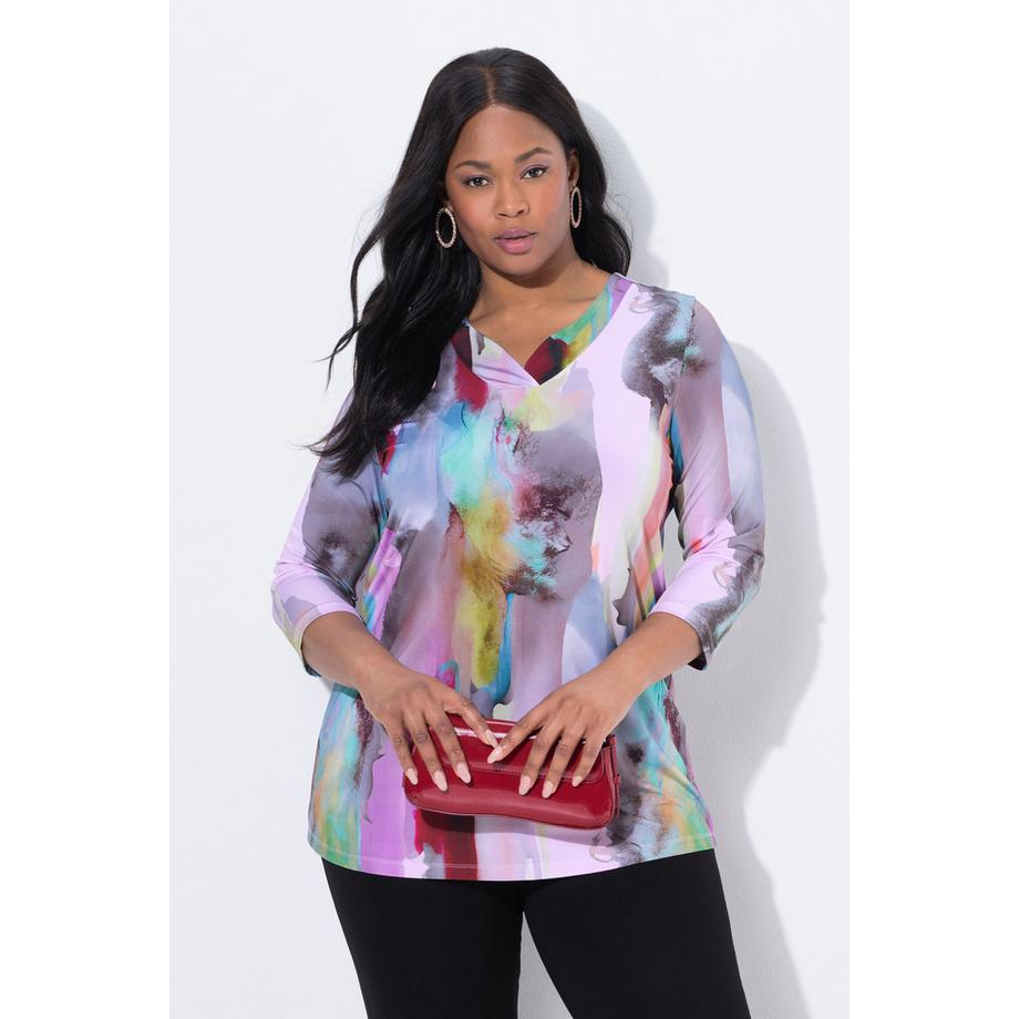 Ulla Popken Slinkyshirt Aquarell-Design V-Ausschnitt 3/4-Arm  