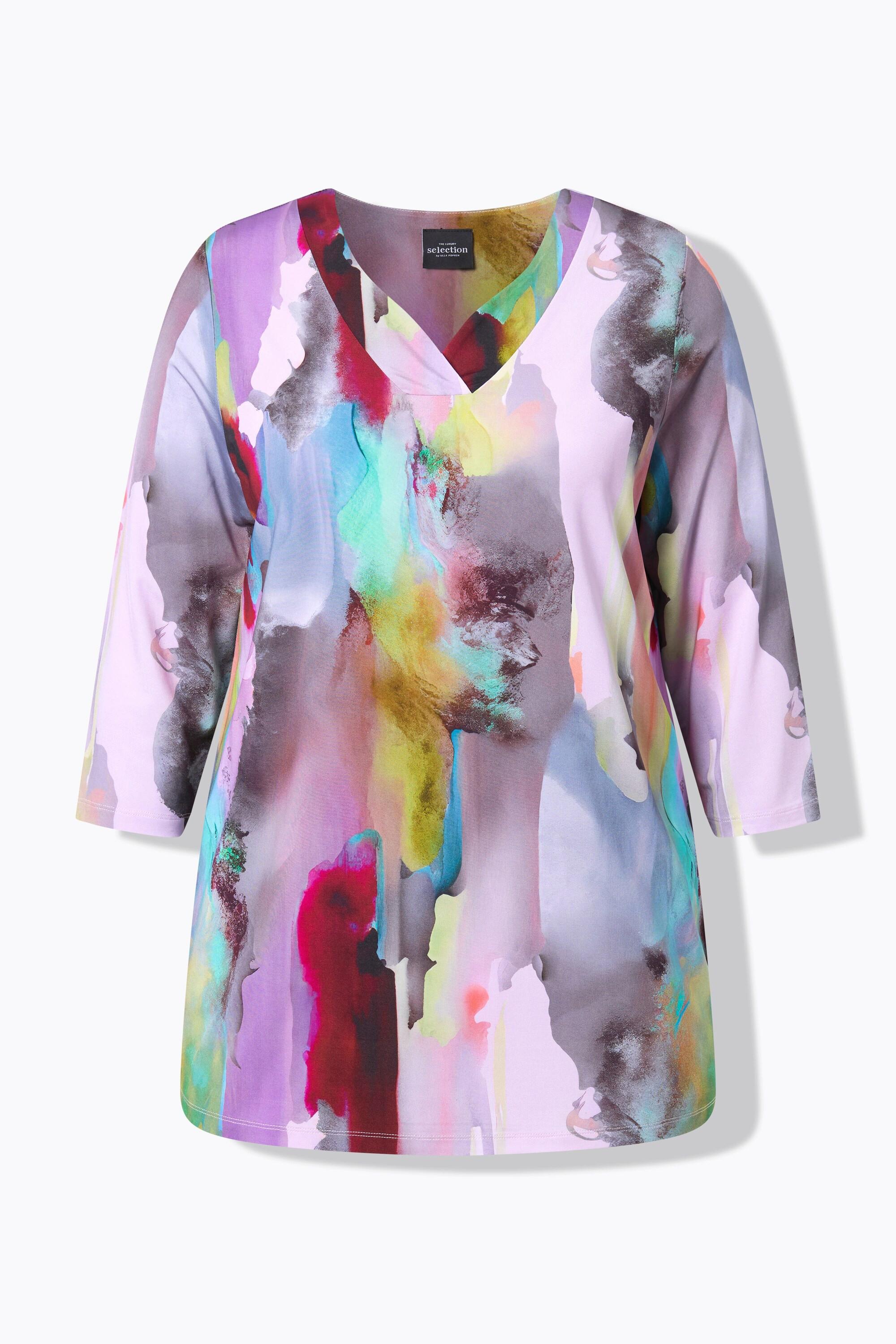 Ulla Popken Maglia tessuto fluente design acquerellato scollo a V maniche 3/4  