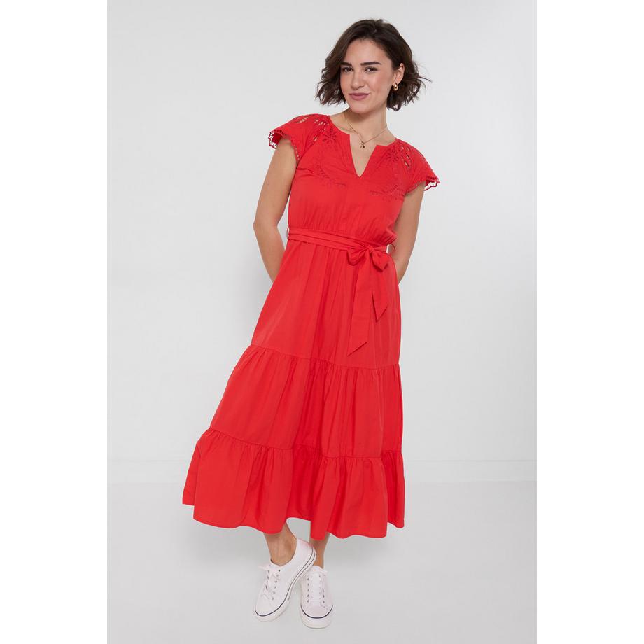Maxikleid mit Lochstickerei und Volantärmeln