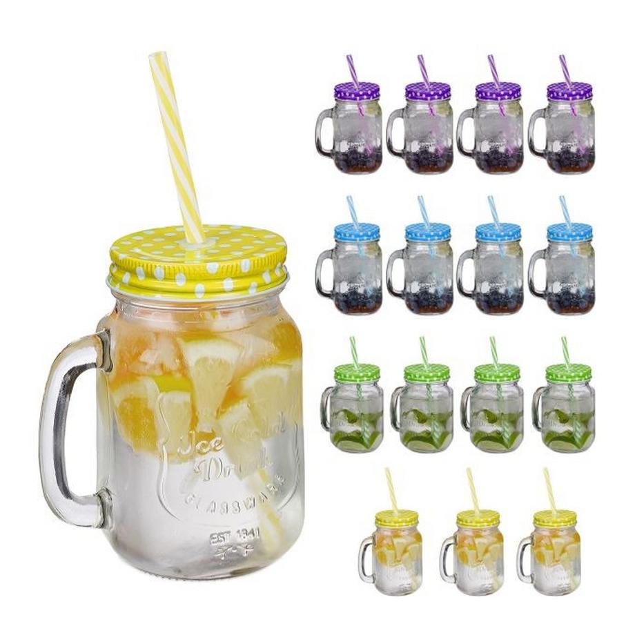B2X  Bunte Trinkgläser mit Deckel - 16 Stück 