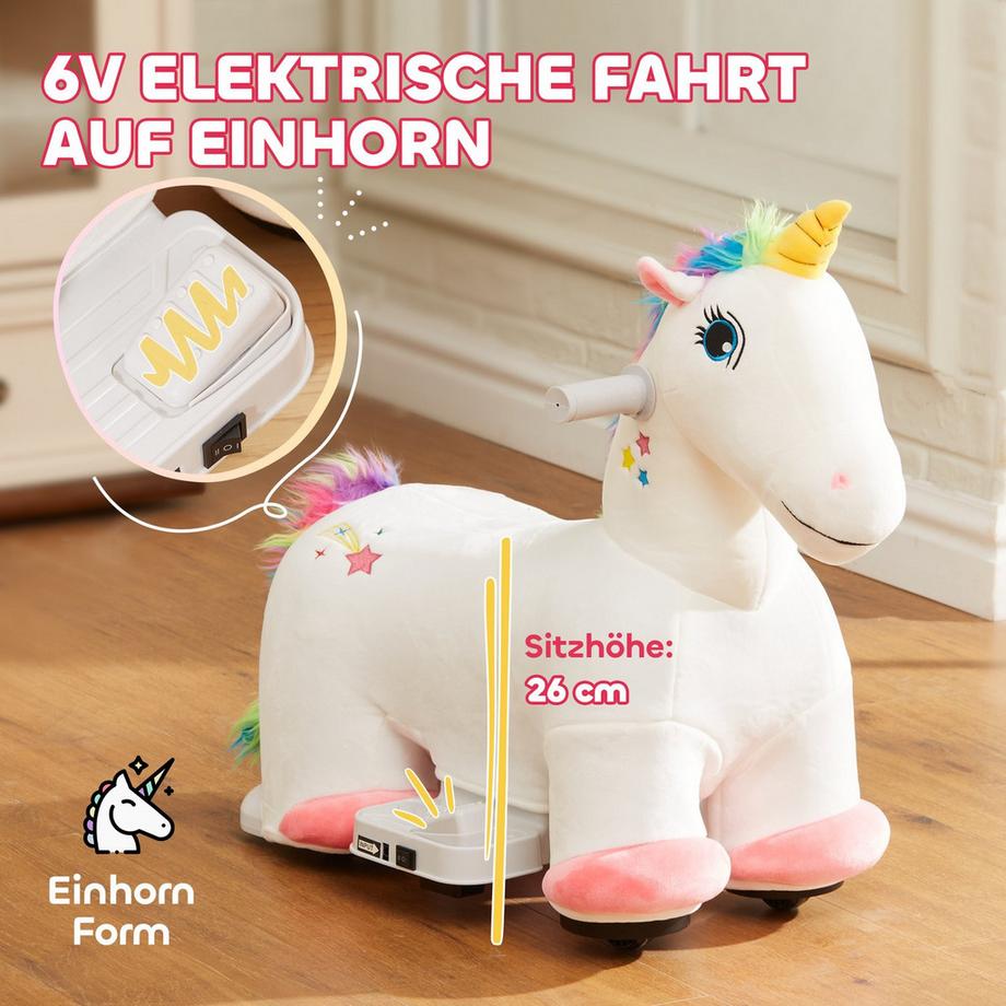 Northio  Voiture électrique pour enfants 6V en forme de licorne, véhicule pour enfants 2 km/h avec musique, jouet porteur avec pédale, cheval électrique pour enfants de 1,5 à 3 ans, blanc 