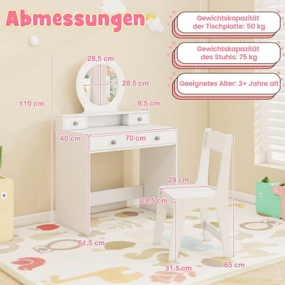Northix  2 in 1 Kinder Schminktisch Set Kinderschminktisch mit Spiegel Kosmetiktisch für Mädchen Weiß 