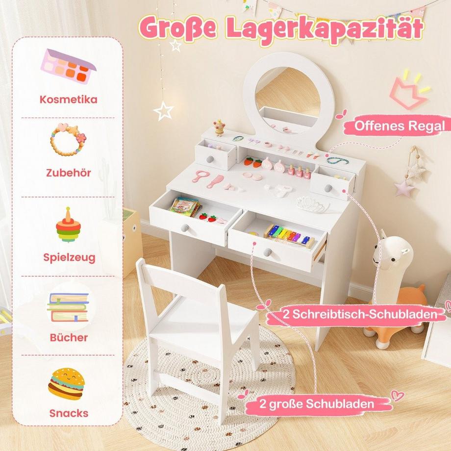 Northix  2 in 1 Kinder Schminktisch Set Kinderschminktisch mit Spiegel Kosmetiktisch für Mädchen Weiß 