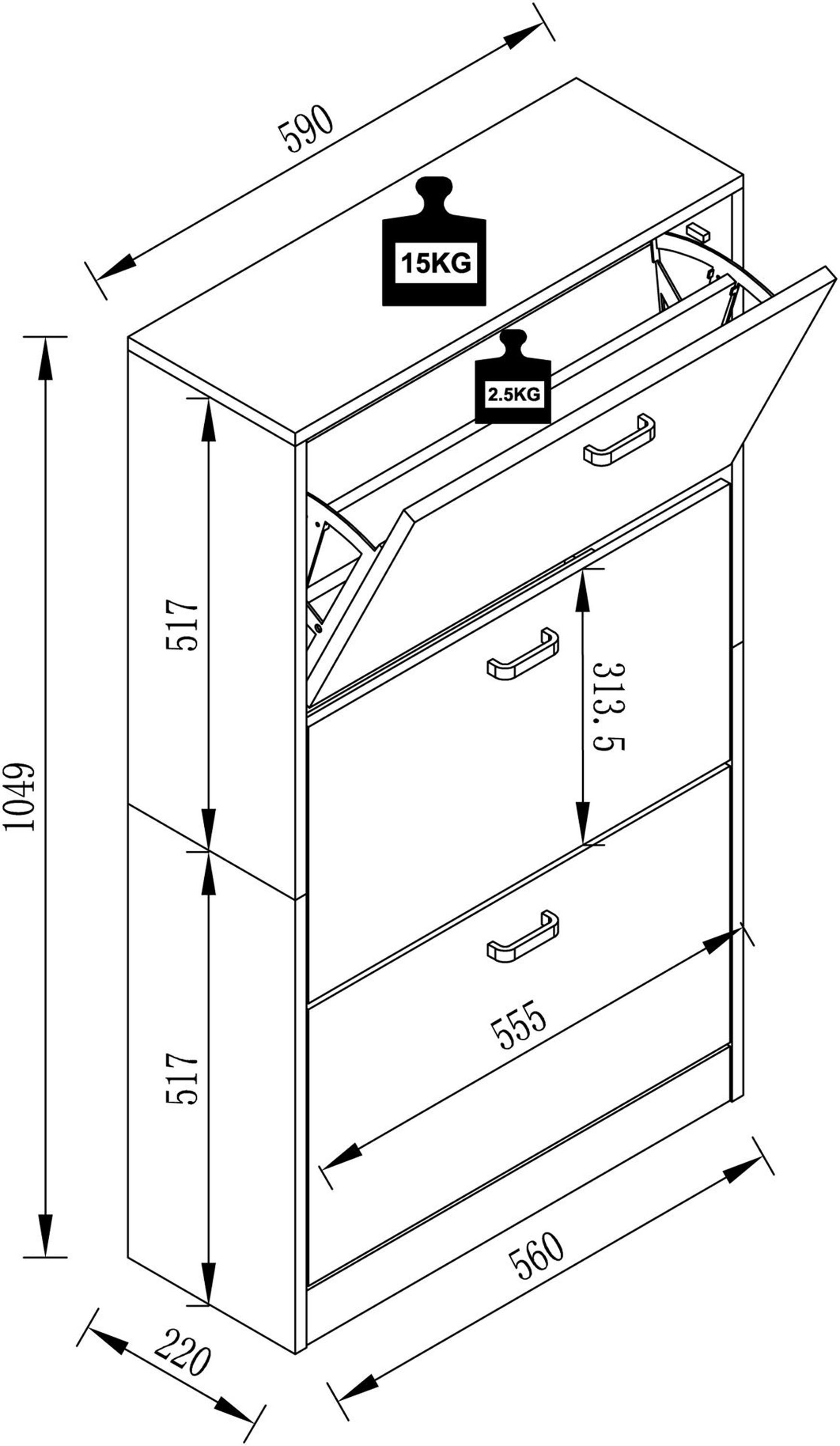 VCM Étagère en bois Kipper Étagère à chaussures Armoire à chaussures Basculement de chaussures 3 abattants Sipos L  