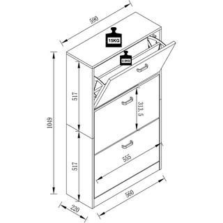 VCM Étagère en bois Kipper Étagère à chaussures Armoire à chaussures Basculement de chaussures 3 abattants Sipos L  