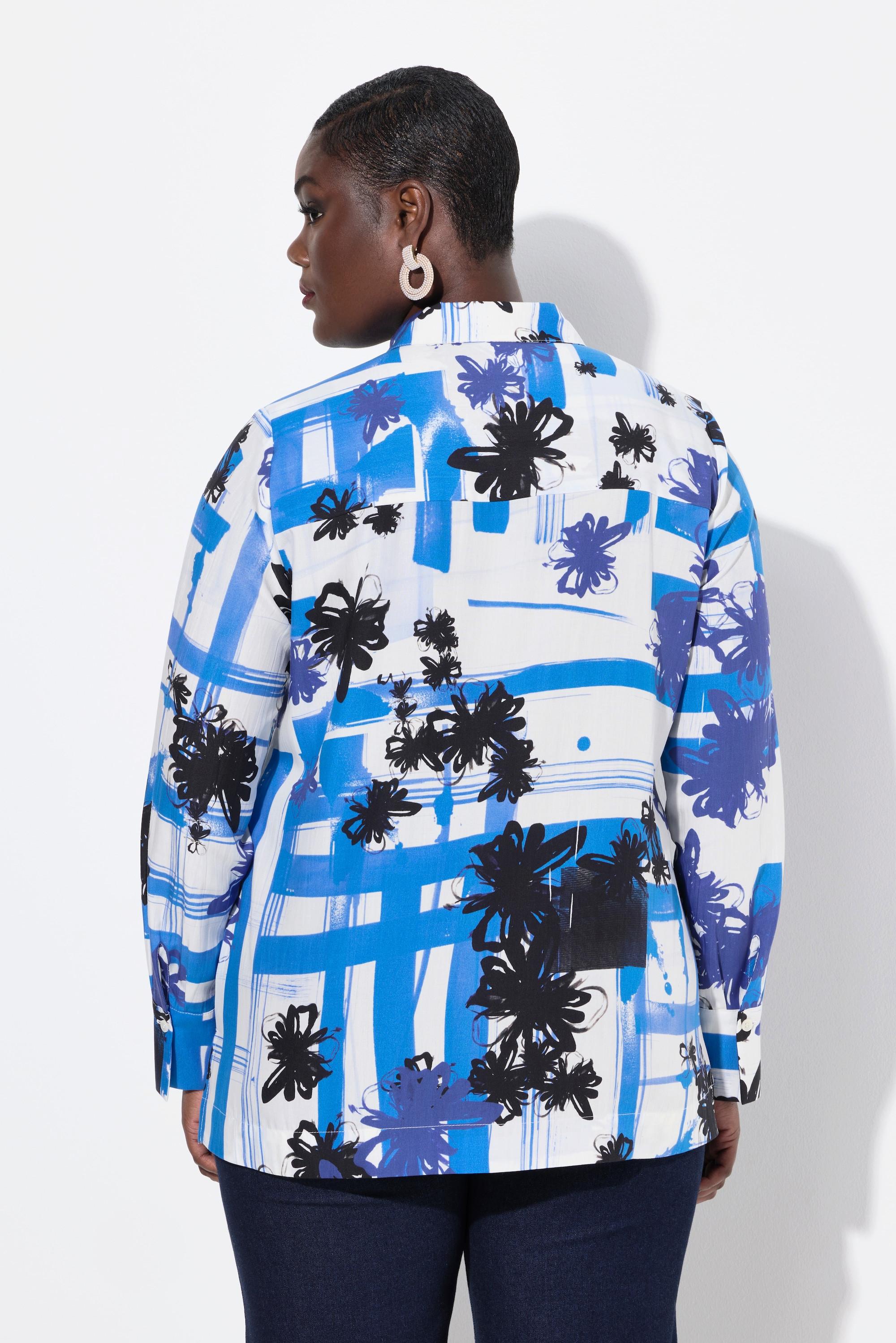 Ulla Popken Blusa Lyocell Design Grafico Collo Camicia Maniche Lunghe  