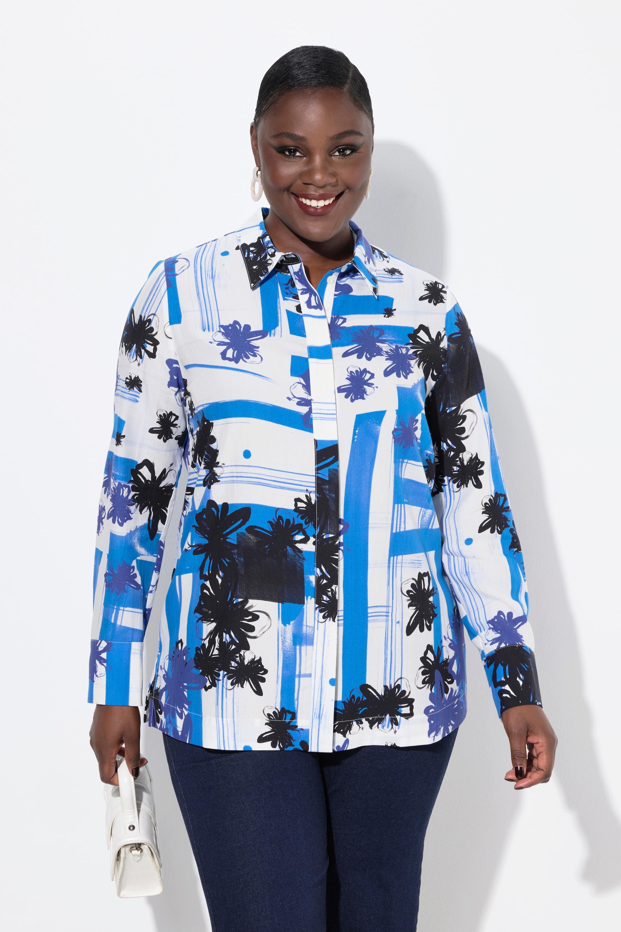 Ulla Popken Blusa Lyocell Design Grafico Collo Camicia Maniche Lunghe  