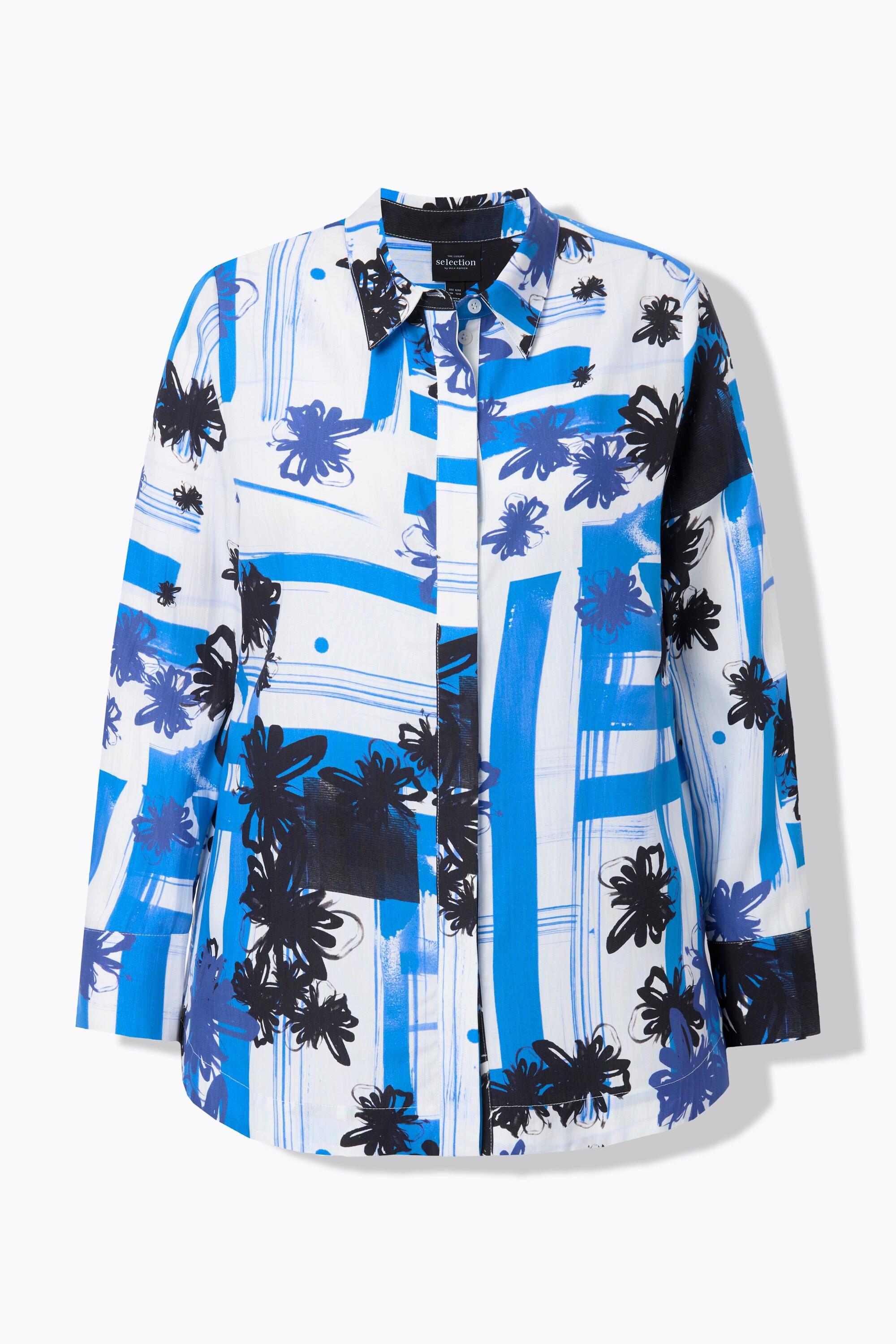 Ulla Popken Blusa Lyocell Design Grafico Collo Camicia Maniche Lunghe  