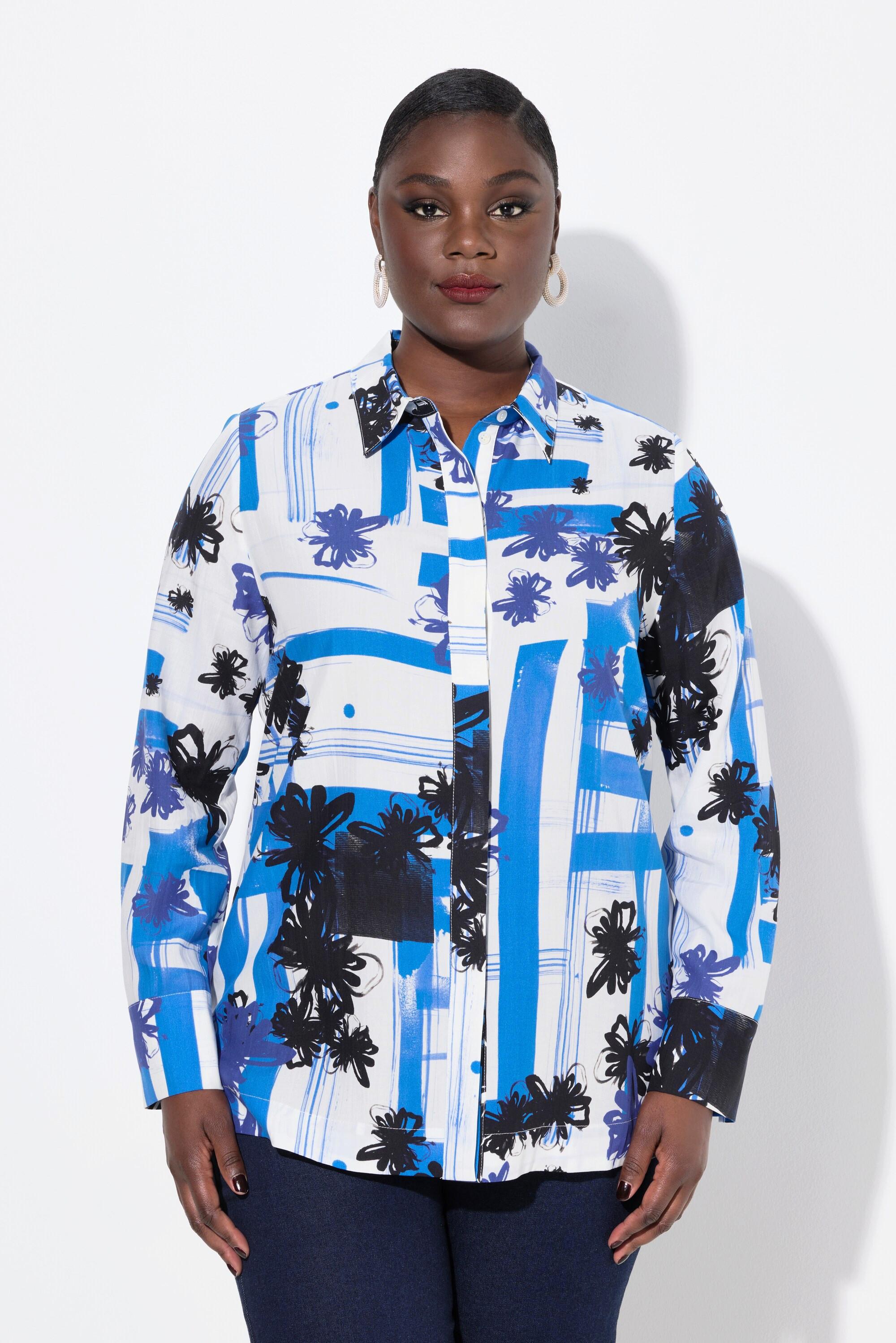 Ulla Popken Blusa Lyocell Design Grafico Collo Camicia Maniche Lunghe  