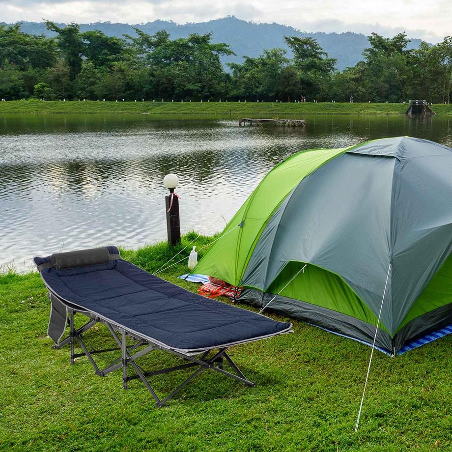 Northio  Campingbett klappbar Feldbett Klappbett mit Kopfkissen Seitentasche Matratze Gästebett bis 150 kg belastbar Reisen Outdoor Oxford Dunkelblau+Grau 188 x 64,5 x 53 cm 