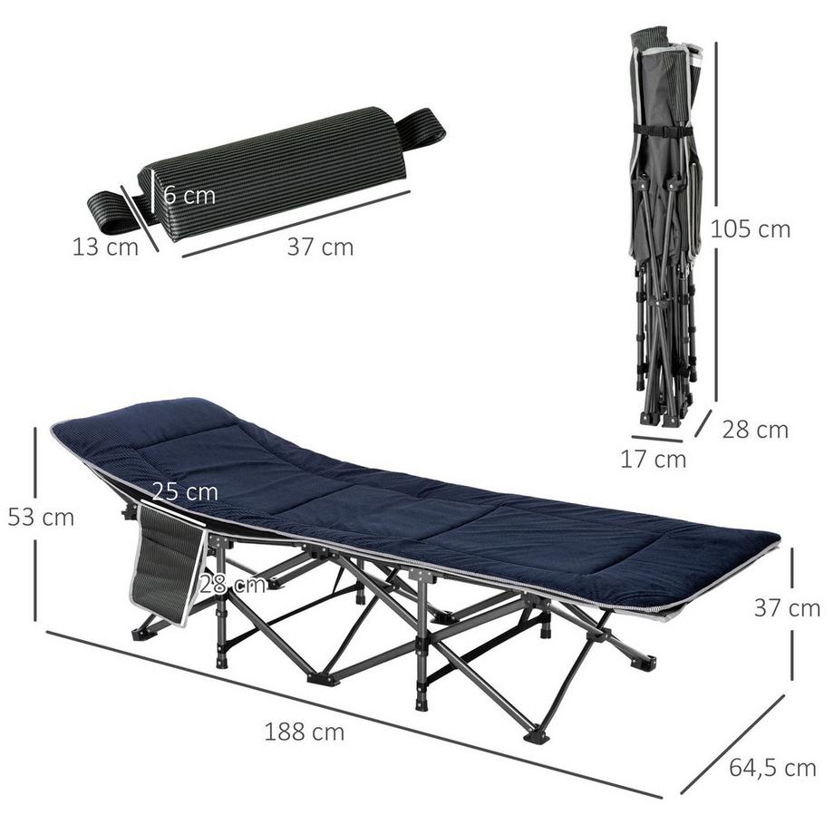 Northio  Campingbett klappbar Feldbett Klappbett mit Kopfkissen Seitentasche Matratze Gästebett bis 150 kg belastbar Reisen Outdoor Oxford Dunkelblau+Grau 188 x 64,5 x 53 cm 