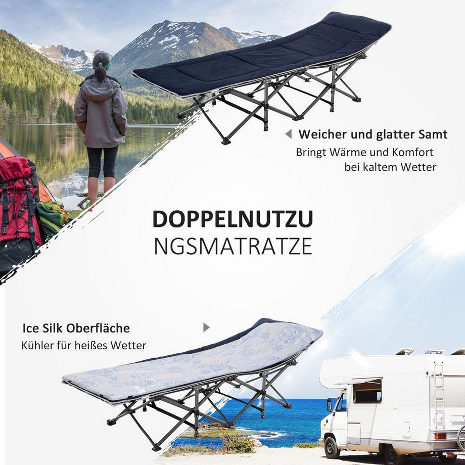 Northio  Campingbett klappbar Feldbett Klappbett mit Kopfkissen Seitentasche Matratze Gästebett bis 150 kg belastbar Reisen Outdoor Oxford Dunkelblau+Grau 188 x 64,5 x 53 cm 