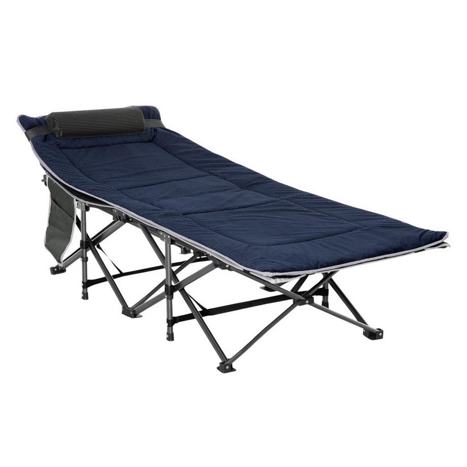 Campingbett klappbar Feldbett Klappbett mit Kopfkissen Seitentasche Matratze Gästebett bis 150 kg belastbar Reisen Outdoor Oxford Dunkelblau+Grau 188 x 64,5 x 53 cm