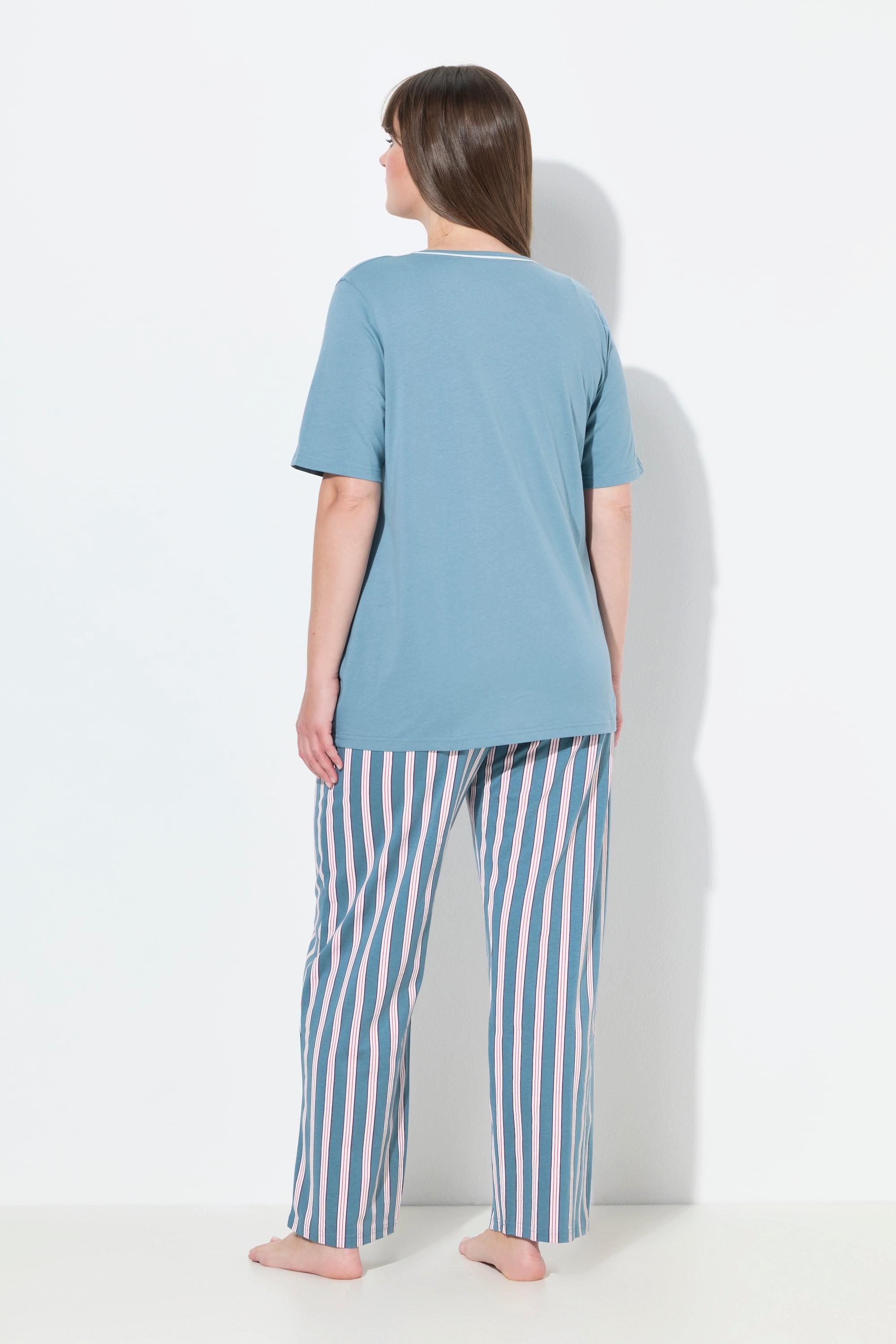 Ulla Popken Pigiama Bordure Scollo a V Mezza Manica Ricamo  