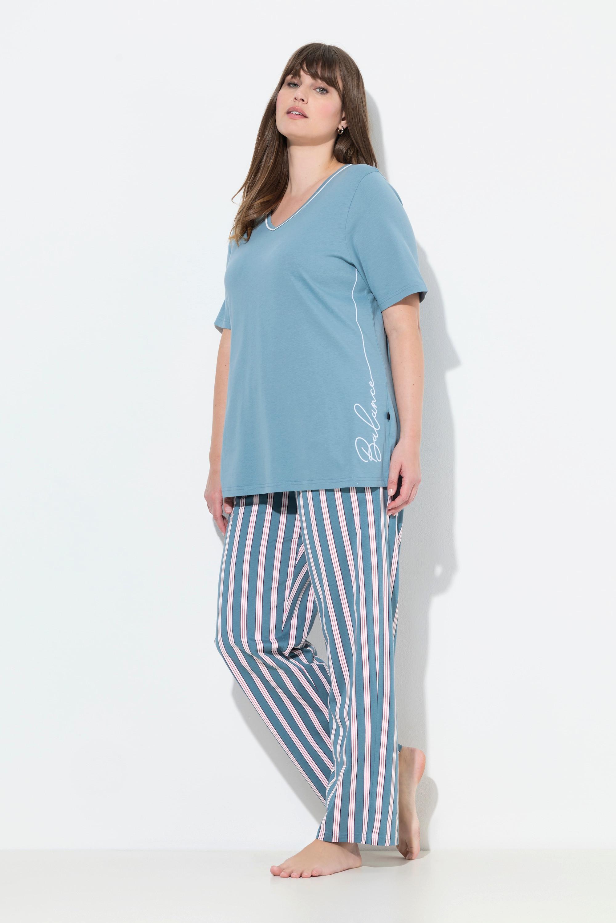 Ulla Popken Pigiama Bordure Scollo a V Mezza Manica Ricamo  