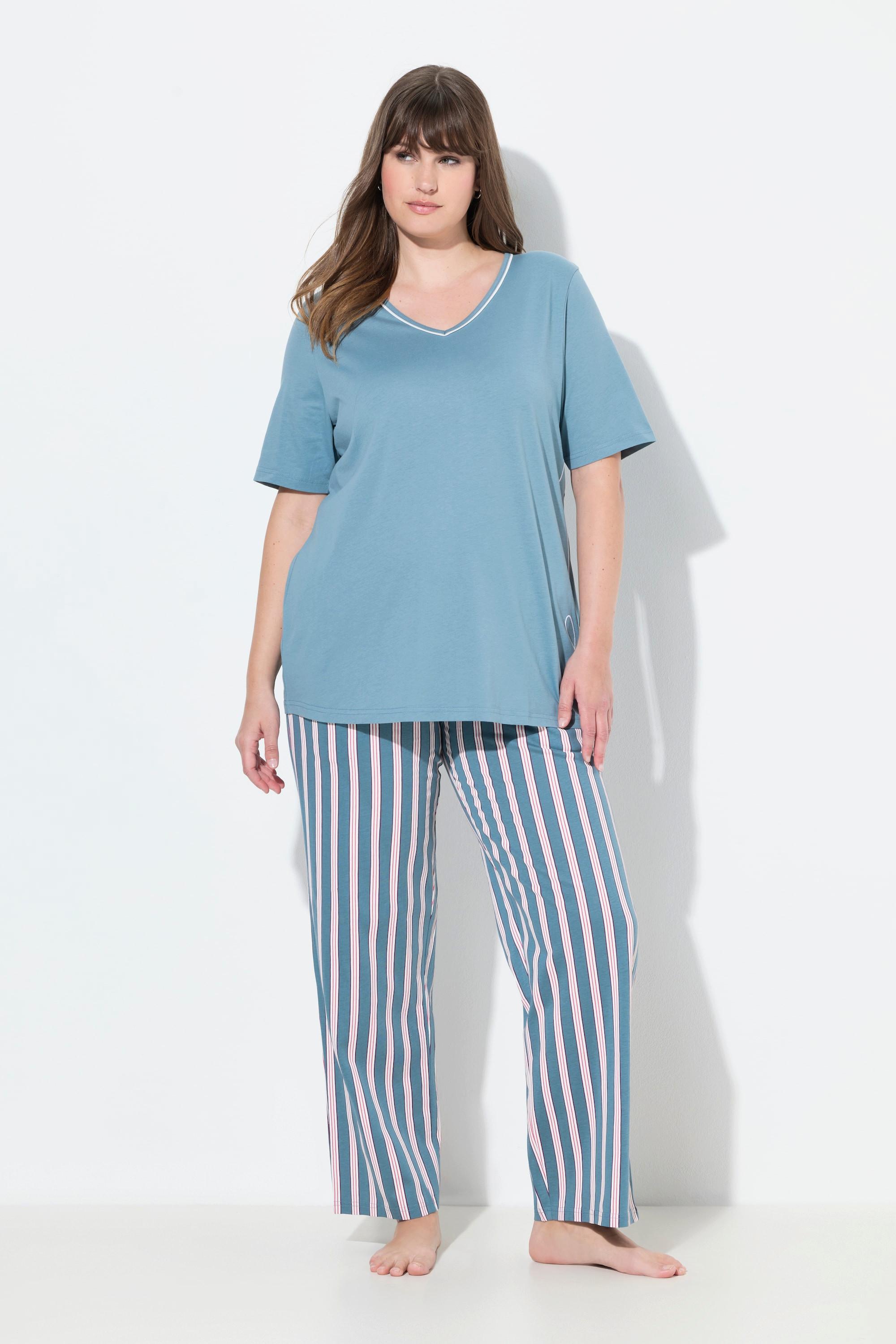 Ulla Popken Pigiama Bordure Scollo a V Mezza Manica Ricamo  