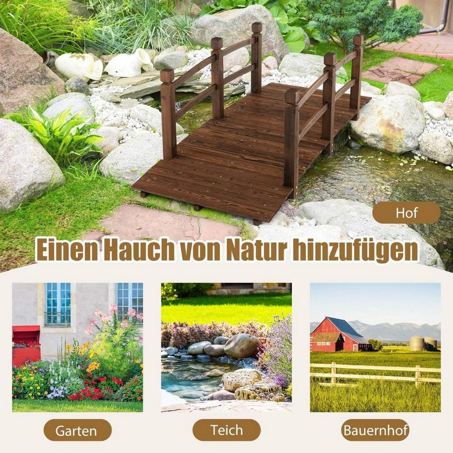 Northix  1.7 m lange Gartenbrücke aus Holz Dekorativer Teichsteg mit Absturzsicherung 180 kg Belastbar 