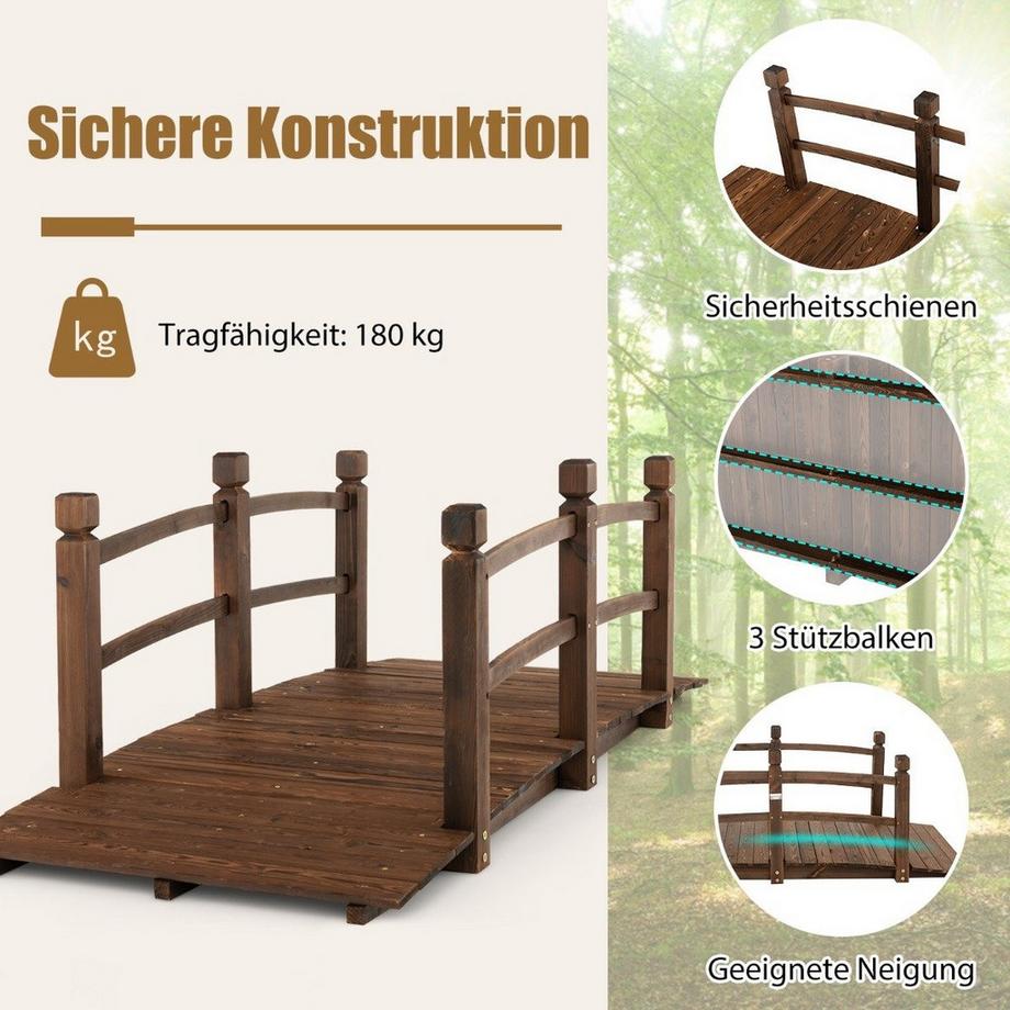 Northix  1.7 m lange Gartenbrücke aus Holz Dekorativer Teichsteg mit Absturzsicherung 180 kg Belastbar 