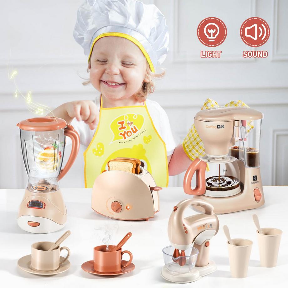 Activity-board  Accessoires de cuisine pour enfants avec machine à café, mixeur cuisine pour enfants, grille-pain et tablier 
